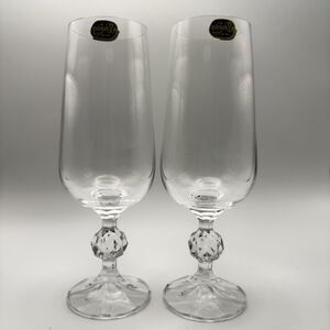 Bohemia Czech Lead Crystal Wine Goblets Pair Faceted Stem Heavy Clear Glass